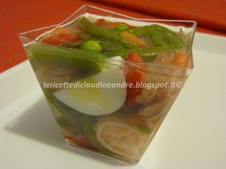 Aspic con verdure, mazzancolle e tonno