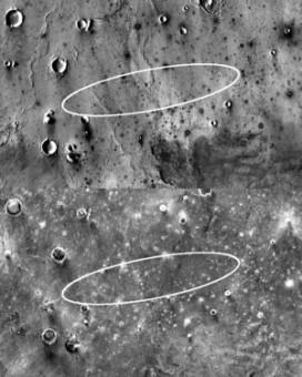 Due immagini a infrarossi scattate da THEMIS mostrano l’area ellittica di atterraggio del lander InSight di giorno (in alto) e di notte. La prima immagine mostra una pianura lavica costellata di crateri e creste. La notturna, invece, rivela zone rocciose e  brillanti perché hanno mantenuto il calore accumulato durante il giorno. Le aree coperte di polvere, comunque, si raffreddano subito dopo il tramonto, diventando fredde e scure, THEMIS è abbastanza potente da poterle fotografare. L'ellisse atterraggio misura 130 km di lunghezza per 27 km di larghezza. Crediti: NASA/JPL-Caltech/Arizona State University 