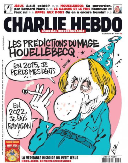 “Le predizioni del mago Houellebecq”, recita la vignetta in copertina. “Nel 2015 perdo i denti … nel 2022 faccio il Ramadan!”