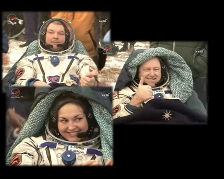 Expedition 42. Gli astronatui al rientro sulla Terra.. Immagini tratte da NASA TV. Composizione: Sabrina Masiero