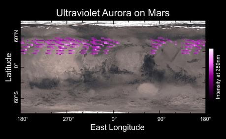 Una mappa delle emissioni dovute all'aurora osservata a dicembre scorso dallo strumento IUVS a bordo di MAVEN, sovrapposta ad una mappa di Marte. L'immagine mostra che l'aurora si è verificata in una regione molto estesa. Crediti: University of Colorado