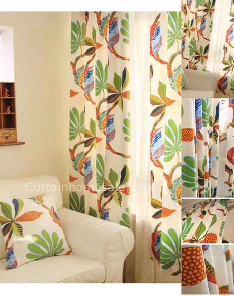 Primitive Window Curtains of Floral Patterns and Tropical Rainforest Feeling