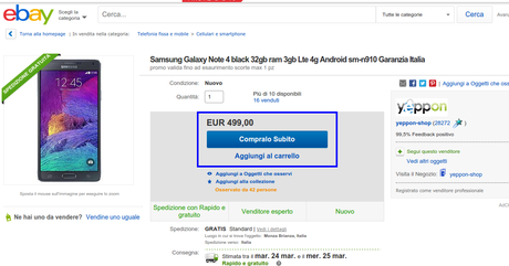 Promozione Samsung Galaxy Note 4 a 499 euro con garanzia Italia da Yeppon su eBay