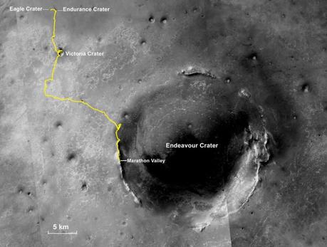 Mappa del percorso effettuato dal rover Opportunity per completare la sua maratona marziana. Crediti: NASA/JPL-Caltech/MSSS/NMMNHS  