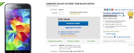 Samsung Galaxy S5 a 349 euro su eBay