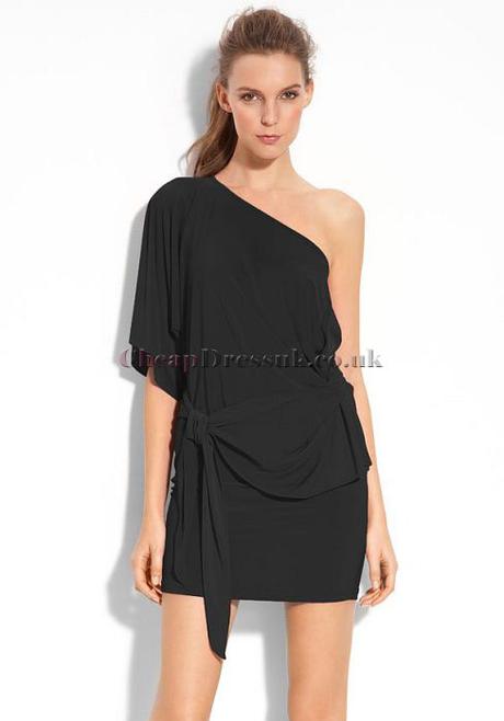 One Shoulder Sheath/Column Short Half Sleeves Chiffon Little Black Dress With Ribbon