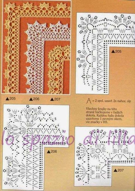 Schemi di bordi crochet con angoli, utili per copertine e tovagliette / Crochet edges with corner useful for baby blankets and placemats, free patterns