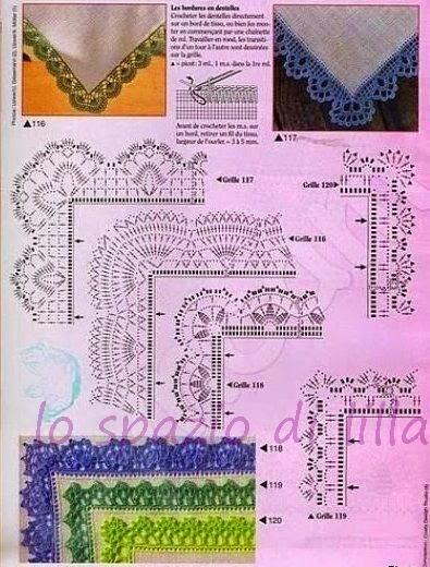 Schemi di bordi crochet con angoli, utili per copertine e tovagliette / Crochet edges with corner useful for baby blankets and placemats, free patterns