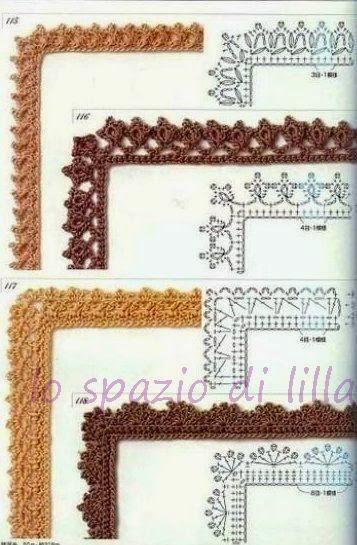 Schemi di bordi crochet con angoli, utili per copertine e tovagliette / Crochet edges with corner useful for baby blankets and placemats, free patterns