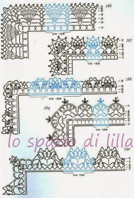 Schemi di bordi crochet con angoli, utili per copertine e tovagliette / Crochet edges with corner useful for baby blankets and placemats, free patterns