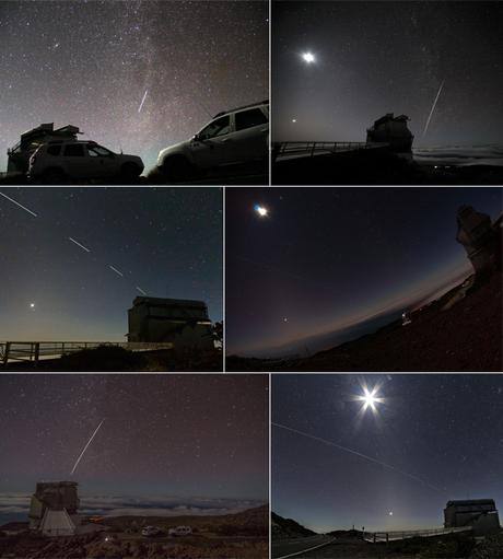 La scia della ISS nei sei scatti degli astronomi del TNG. Sono visibili oltre alla Luna e Venere, anche Marte, Urano, la cometa C/2014 Lovejoy, le galassie M31, M33, le Pleiadi e alcuni ammassi. Le foto sono state inviate a Samantha Cristoforetti. Crediti: FGG / TNG.