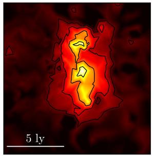 Questa mappa mostra il tasso di formazione stellare dedotto dalla ricostruzione dell'immagine della galassia SDP.81 dalle osservazioni di ALMA. I colori, dal rosso verso il bianco, indicano la quantità di polvere surriscaldata dalla radiazione prodotta da giovani stelle