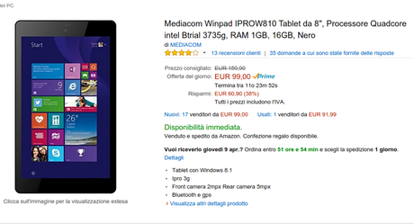 Offerta speciale Mediacom Winpad IPROW810 Tablet 8 disponibile a 99 euro su Amazon