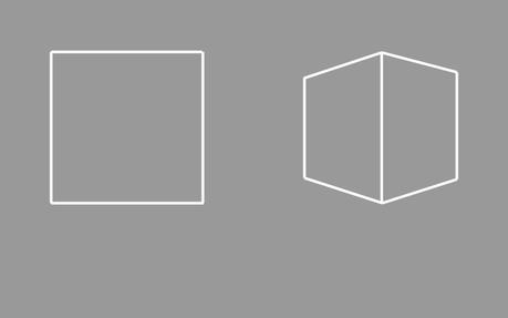 La vista di un quadrato sulla sinistra e un doppio trapezio sulla destra. Sono due immagini completamente piatte.