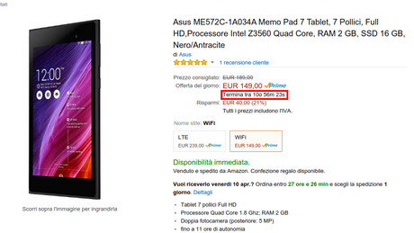 Offerta lampo Asus ME572C a 149 euro su Amazon