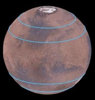 Le linee blu indicano le zone dove sono stati individuati importanti accumuli di ghiaccio d'acqua, coperti da uno spesso strato di polvere. Crediti: Mars Digital Image Model, NASA/Nanna Karlsson