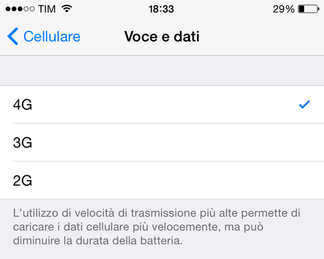 iOS 8.3 introduce la possibilità di impostare il 2G al posto del 4G o del 3G