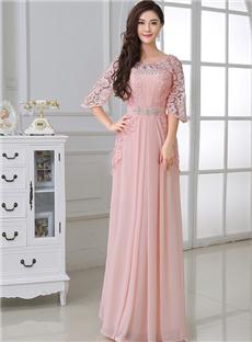 Elegant Lace Half Sleeves A Line Floor Length Beading Up Evening Prom Dress