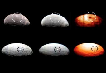 Tre immagini a diverse lunghezze d'onda, realizzate dai dati di VIR per lo Spot 1 (in alto) e lo Spot 5 (in basso) di Cerere.  Crediti: NASA/JPL-Caltech/UCLA/ASI/INAF