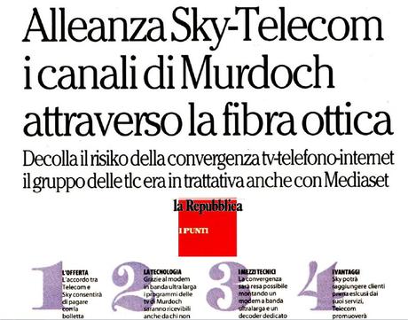 Giovedì presentazione dell'alleanza Sky - Telecom Italia per la fibra ottica