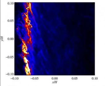 Da questo fotogramma della simulazione si può avere un'idea di come gli autori vedono la formazione di planetesimi nel disco protoplanetario. Crediti: A. Johansen et al.