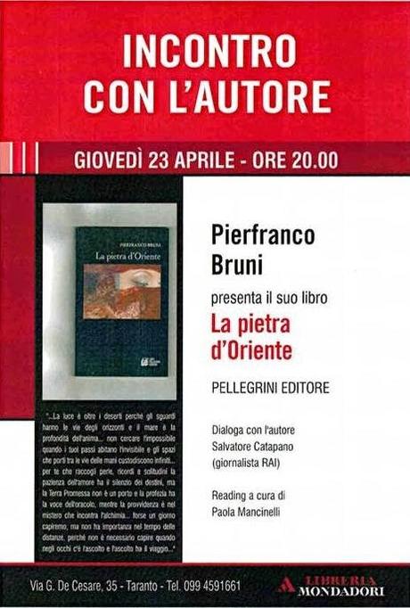 La pietra d'Oriente di Pierfranco Bruni il 23 aprile a Taranto