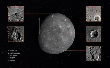 Nell'immagine potete vedere il pianeta Mercurio e i cinque crateri appena rinominati. 