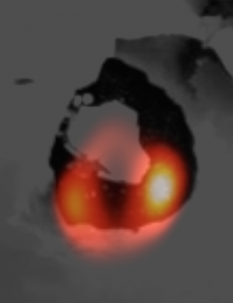 Immagine presa da LBT della patera del vulcano Loki su Io (in arancione)  sovrapposta a quella della depressione di origine vulcanica ottenuta dalle sonde Voyager. Crediti: LBTO-NASA