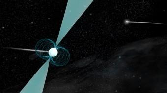 Rappresentazione della pulsar PSR J1930-1852 in orbita attorno a una stella di neutroni compagna. Crediti: B. Saxton (NRAO/AUI/NSF)