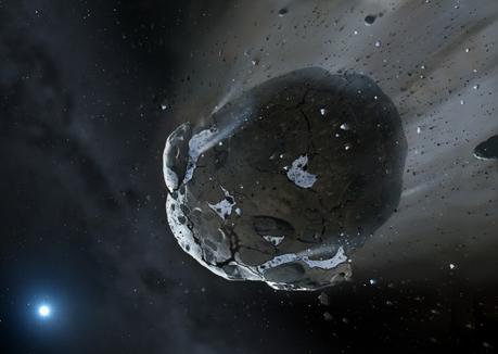 Impressione artistica di un asteroide roccioso e ricco d'acqua frammentato dalla forte gravità della nana bianca, in secondo piano. Si ritiene che oggetti simili abbiano portato sulla Terra gran parte dell'acqua che osseviamo ora, e rappresentano quindi le fondamenta dei pianeti terrestri. Crediti: Mark A. Garlick, Università di Warwick