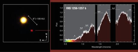 Riquadro a sx: immagine della stella nana VHS 1256 e del pianeta distante 100 Unità Astronomiche, ottenuta dal telescopio VISTA dell’ESO. A dx: spettri ottico e infrarosso ottenuti con i telescopi GTC, alle Canarie, e NTT in Cile. Crediti: Gabriel Pérez, SMM (IAC)