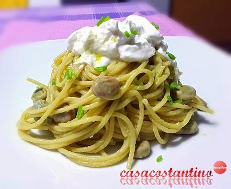 Spaghetti fave e stracciatella di bufala campana