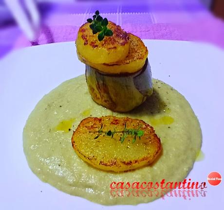 Carciofo arrosto con patate scottate su crema di carciofi