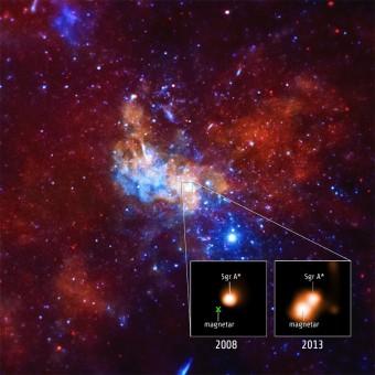 La zona del centro della Via Lattea dove è stato scoperto SGR 1745-2900. Nei riquadri, le osservazioni della sorgente nel 2008 e nel 2013. Crediti: NASA 
