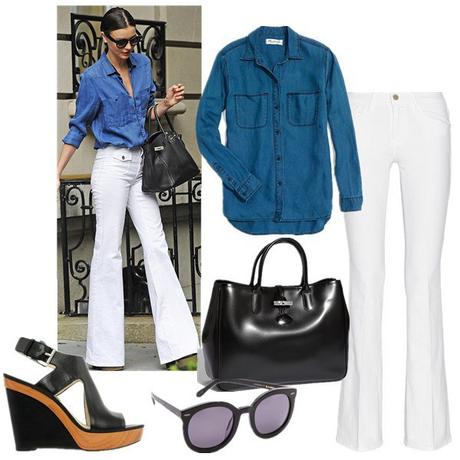 Miranda-Kerr-wearing-Celine-sunglasses-Hermes-birkin-Stella-McCartney-white-flare-jeans-Giuseppe-Zanotti-platform-sandal-denim-shirt