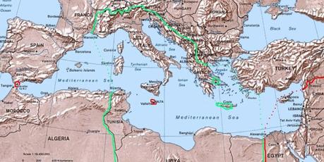 Mappa del Mare Nostrum Italiano nel 1942: in verde i territori controllati dalla marina italiana, in rosso i territori controllati dagli alleati nell'estate del 1942.