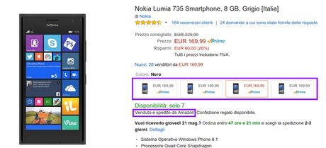 Offertona lampo su Nokia Lumia 735: venduto e spedito direttamente da Amazon a 169 euro