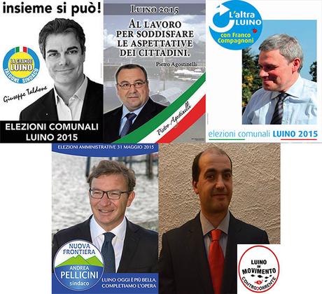 I candidati sindaco per Luino 2015, da sinistra in alto: Giuseppe Taldone (“La Grande Luino”), Pietro Agostinelli (“Movimento Italia Nazione”), Franco Compagnoni (L’altra Luino), il sindaco uscente Andrea Pellicini (“Nuova Frontiera”) e Fabio Luciano Cocomazzi (“Luino in Movimento – Controcorrente”)