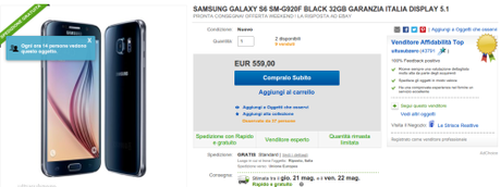 SAMSUNG GALAXY S6 SM G920F BLACK 32GB GARANZIA ITALIA DISPLAY 5.1 Il prezzo del Galaxy S6 continua a crollare giorno dopo giorno. Oggi segnaliamo Samsung Galaxy S6 Garanzia Italia a 559 euro su eBay Il prezzo del Galaxy S6 continua a crollare giorno dopo giorno. Oggi segnaliamo Samsung Galaxy S6 Garanzia Italia a 559 euro su eBay  eBay