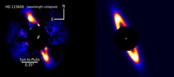 A sx il brillante anello di detriti che circonda HD 115600 visto quasi di taglio e collocata ad una distanza simile di quella di Plutone rispetto al Sole. A dx un modello del disco con le stesse dimensioni. Crediti: T. Currie - See more at: http://www.cam.ac.uk/research/news/discovery-shows-what-the-solar-system-looked-like-as-a-toddler#sthash.unJEpsxi.dpuf