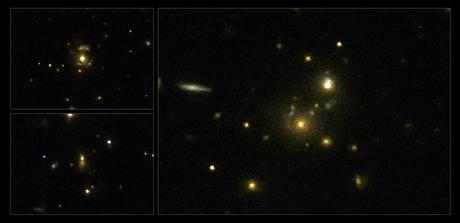 This image taken with the NASA/ESA Hubble Space Telescope shows a selection of galaxies used in a survey to confirm the link between mergers and high-speed jets from supermassive black holes. These galaxies have very strong emissions at radio wavelengths, implying that the supermassive black holes they host are feeding huge outflows of plasma. On the left (top to bottom) are the galaxies 3C 297 and 3C 454.1, on the right is 3C 356. Crediti: NASA, ESA, M. Chiaberge (STScI) 