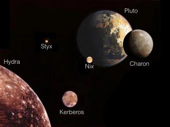 L’illustrazione mostra Plutone e le sue cinque lune da una prospettiva con il Sole alle spalle. Avvicinandosi al sistema, troviamo per prima la luna più esterna, Hydra, rappresentata in basso a sx. Gli altri corpi sono scalati alla dimensione a cui apparirebbero da questo punto di vista.  Crediti: NASA, Mark Showalter (SETI Institute)