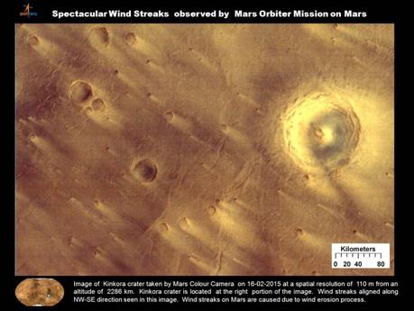 I venti su Marte. Nello specifico qui si vede il cratere Kinkora. Crediti: ISRO