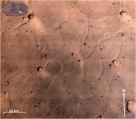 Parte della regione di Hesperia Planum, ripresa il 31 gennaio 2015 ad una risoluzione spaziale di 58m da un'altitudine di 1132 km. Nell'immagine si vedono chiaramente creste rugose e crateri più piccoli. Crediti: ISRO