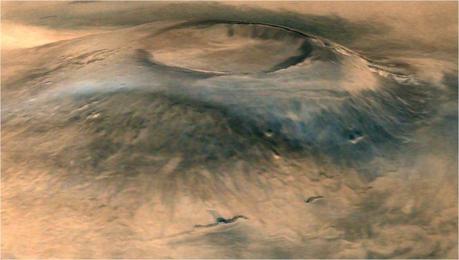 Vista 3D di Arsia Mons, un enorme vulcano su Marte. Crediti: ISRO