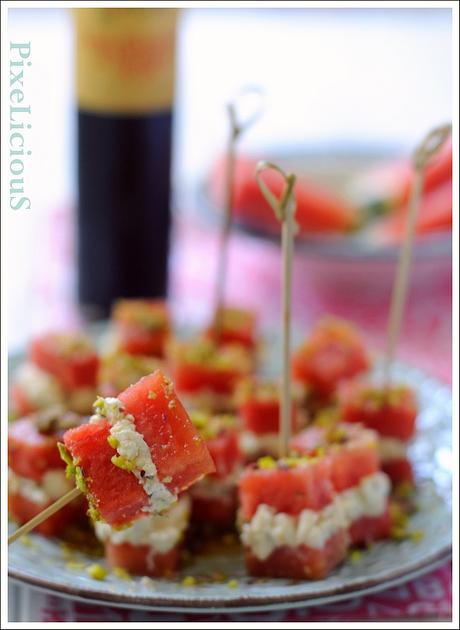 Spiedini di Cocomero e Robiola alla Menta con Aceto Balsamico e Pistacchi