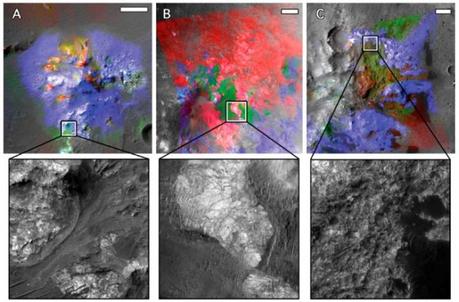 Mappe mineralogiche ricavate dai dati Spectrometer Compact Reconnaissance Imaging for Mars: olivina in rosso, vetro da rocce mafiche in verde, pirosseno in blu. Crediti: Geological Society of America / Kevin M. Cannon e John F. Mustard / Brown University.