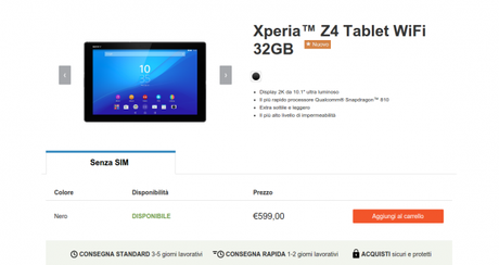 Sony Xperia Z4 Tablet Wifi disponibile in Italia a 599 euro