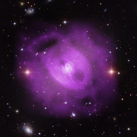Immagine composita del gruppo di galassie NGC 5813. In violetto le riprese nei raggi X del telescopio spaziale Chandra della NASA che mettono in evidenza tre coppie di cavità nel gas caldo che permea questo oggetto celeste. Crediti:  Nei raggi X, NASA/CXC/SAO/S.Randall et al., Nell'ottico,  SDSS 