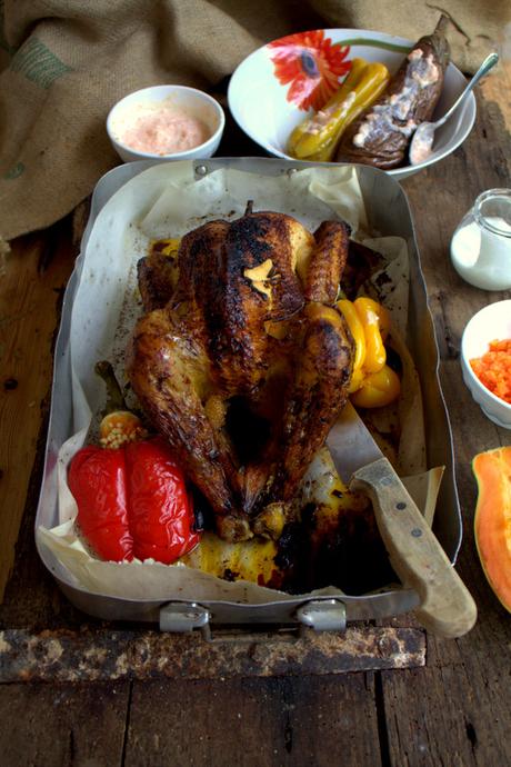 Il gallo che non voleva entrare nel forno della stufa a legna. Verdure e dip alla papya